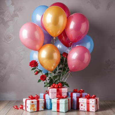 Colorful balloons and gifts display