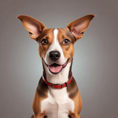 Happy dog with ears up on gray background