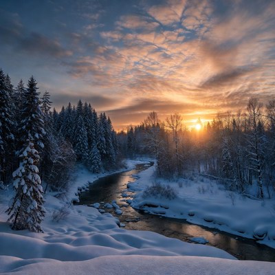 Winter sunset over snowy river
