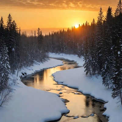 Winter sunset over snowy river