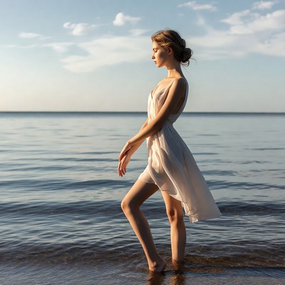 Woman walking along the shoreline at sunset