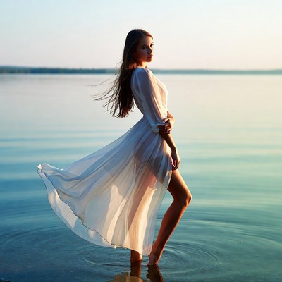 Woman standing in water at sunset