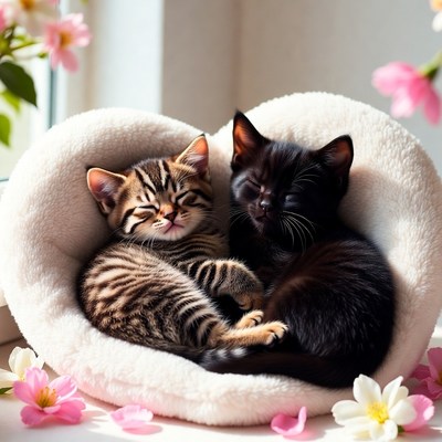 Kittens resting in a heart-shaped bed