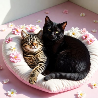 Two cats relaxing together in a cozy bed