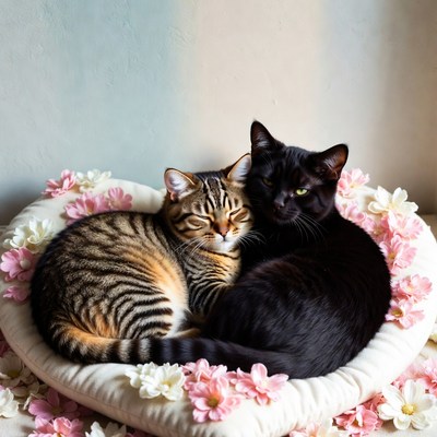 Two cats resting together in spring flowers