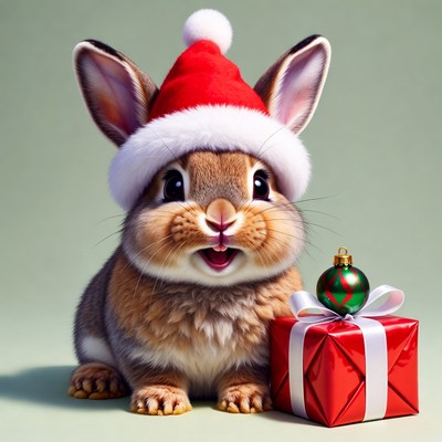 Rabbit with christmas gift and hat