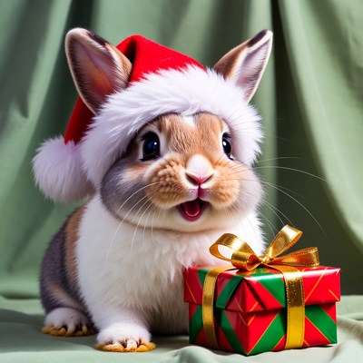 Rabbit with christmas gift and hat