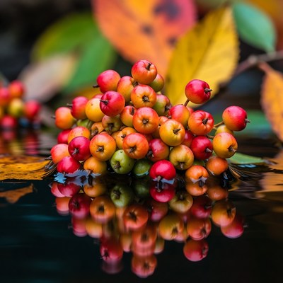 Colorful berries float on water
