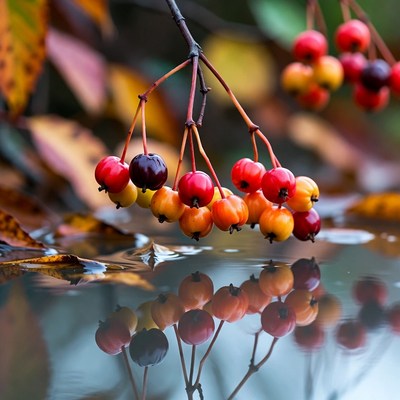 Bright berries reflected in water