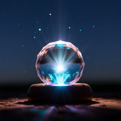 Crystal sphere on wooden base shines brightly