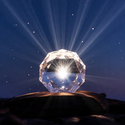 Crystal sphere with light rays in dark sky