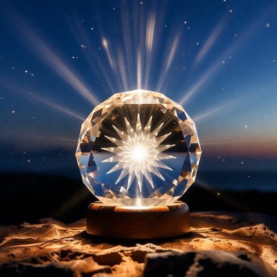 Crystal sphere on a rocky surface at sunset