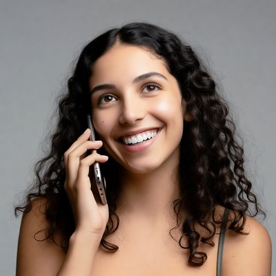 Young woman smiles while talking on the phone