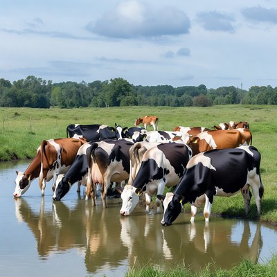 Cows drinking water in field