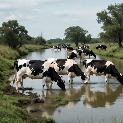 Cows drinking water by the river