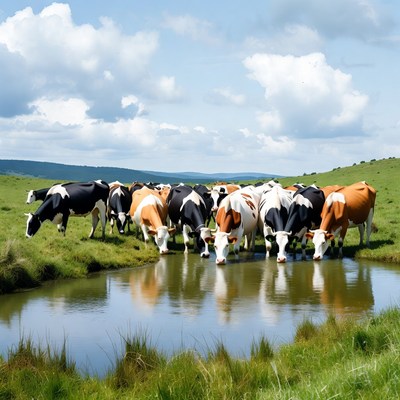 Cows drinking water by pond