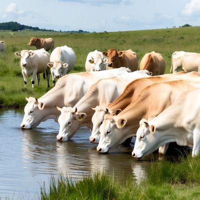 Cows drinking water by the pond