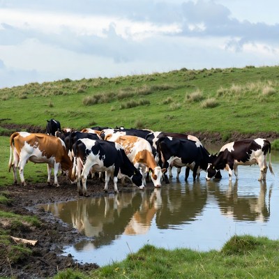 Cows drinking from a pond in the field