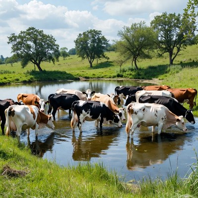 Cows drinking water in field