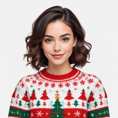 Woman in festive holiday sweater smiling
