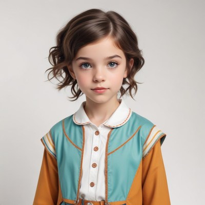 Child in colorful dress looking at camera