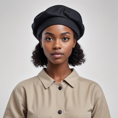 Model wearing black hat indoors