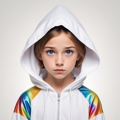 Child in white hoodie with colorful sleeves