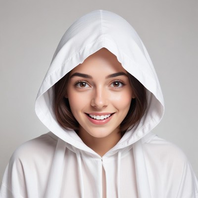 Young woman in white hoodie smiles