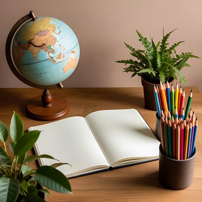 Desk scene with globe and plants
