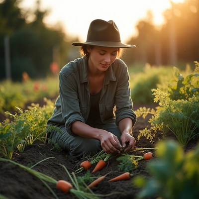 Woman planting carrots at sunset in garden