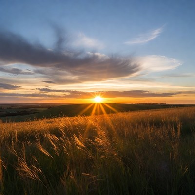 Sunset over golden wheat field