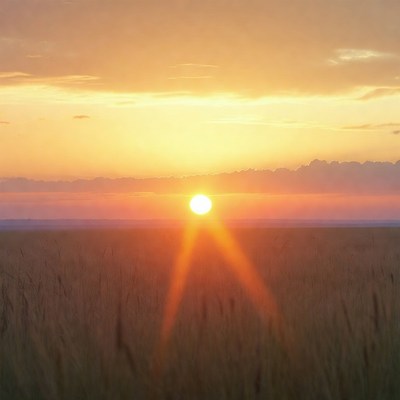 Sunset over open field landscape