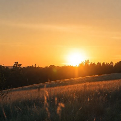 Sunset over green field landscape