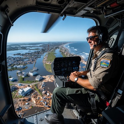 Helicopter rescue operation over flooded area