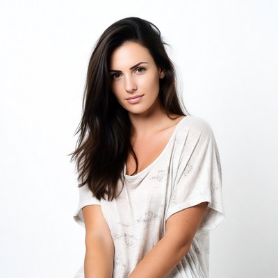 Woman in simple shirt poses