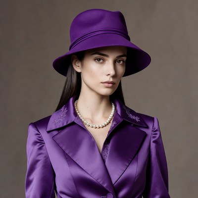 Model in purple outfit with hat