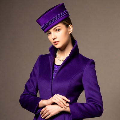Model in purple uniform posing for camera