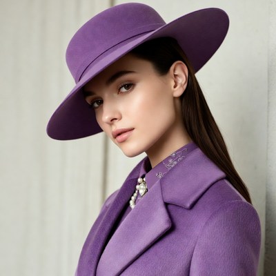Model in purple outfit at fashion shoot