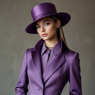 Model poses in purple attire with hat