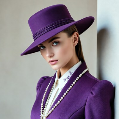 Model in purple hat and suit