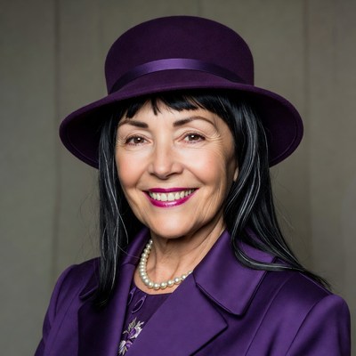 Woman in purple hat and suit smiling