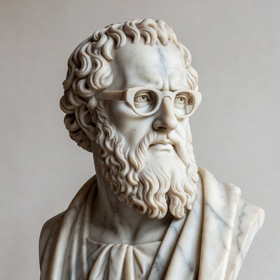 Marble sculpture of a thinker with glasses