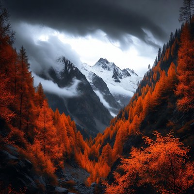 Mountains with orange trees in autumn