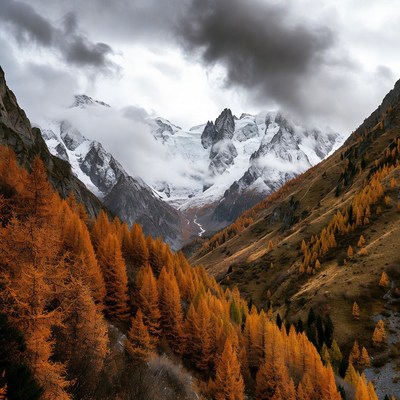 Mountains and trees in autumn light