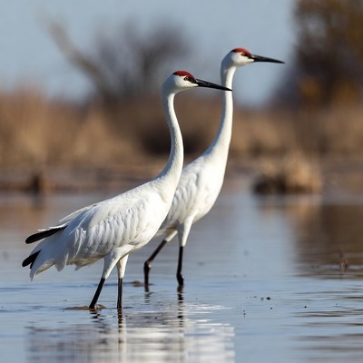 Two birds stand in shallow water