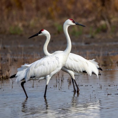 Cranes walking in shallow water