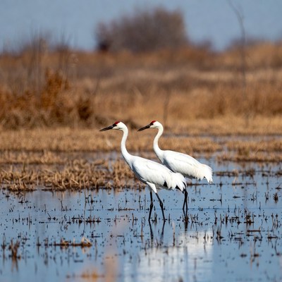 Birds walking in wetland area