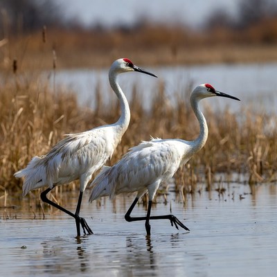 Cranes walking in wetland habitat