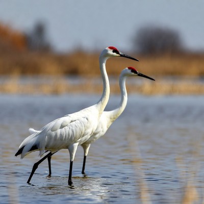Cranes walking in shallow water
