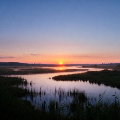 Sunset over wide river landscape